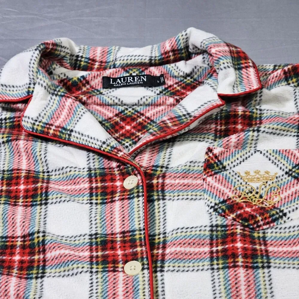 Lauren Ralph Lauren Pajama Top Large L Plaid Fleece Flannel Button Up Crest Red